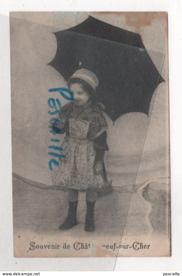 18 CHER - CP ANIMEE SOUVENIR DE CHATEAUNEUF SUR CHET - ENFANT ET PARAPLUIE - EDITEUR ? - CIRCULEE EN 1953 - Chateauneuf Sur Cher