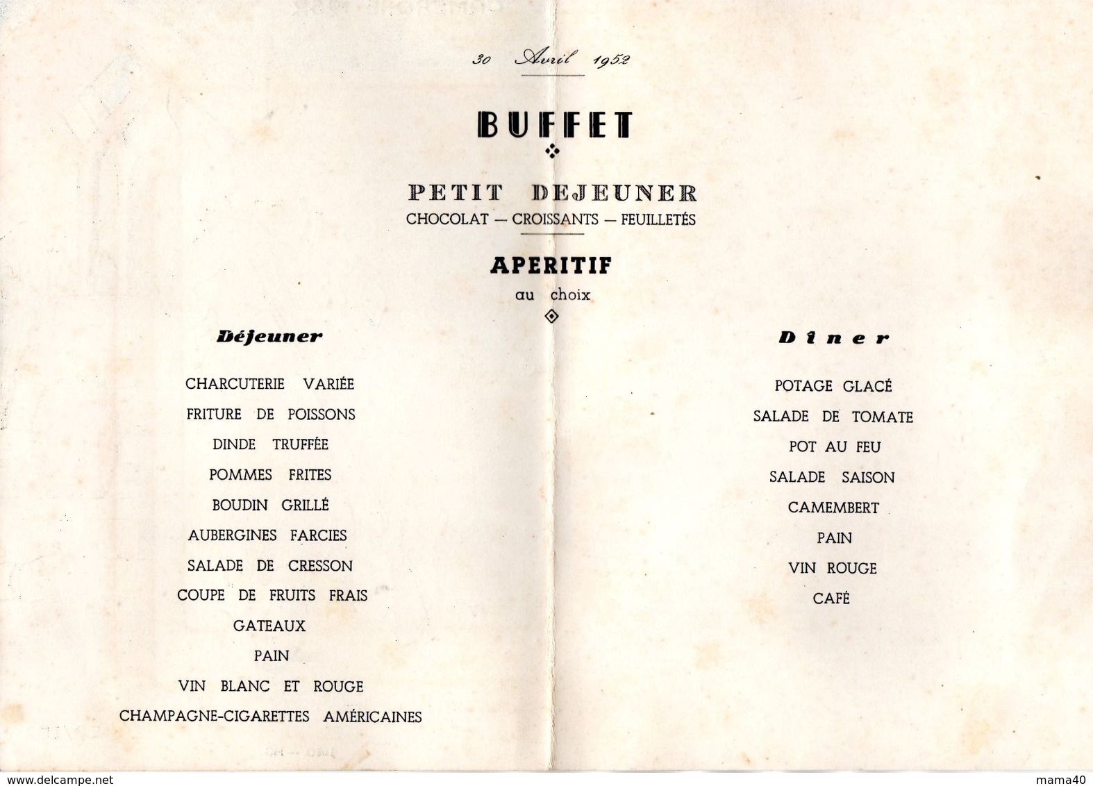 MILITARIA - MENU - LEGION ETRANGERE 2e CREB/LE - CAMERONE 1952 - Menükarten