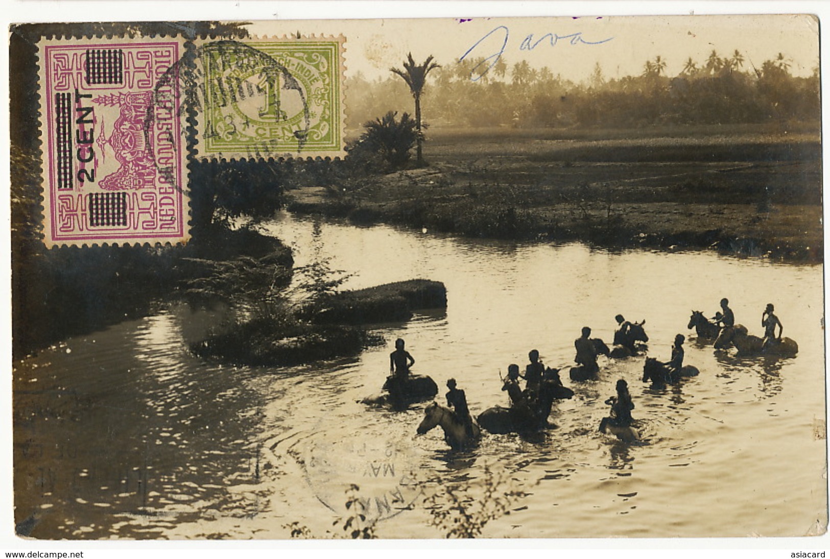 Real Photo Crossing A River Nude Children On Horses  Used Djokja Java To Cuba Deltiology Postcard Club - Indonesia