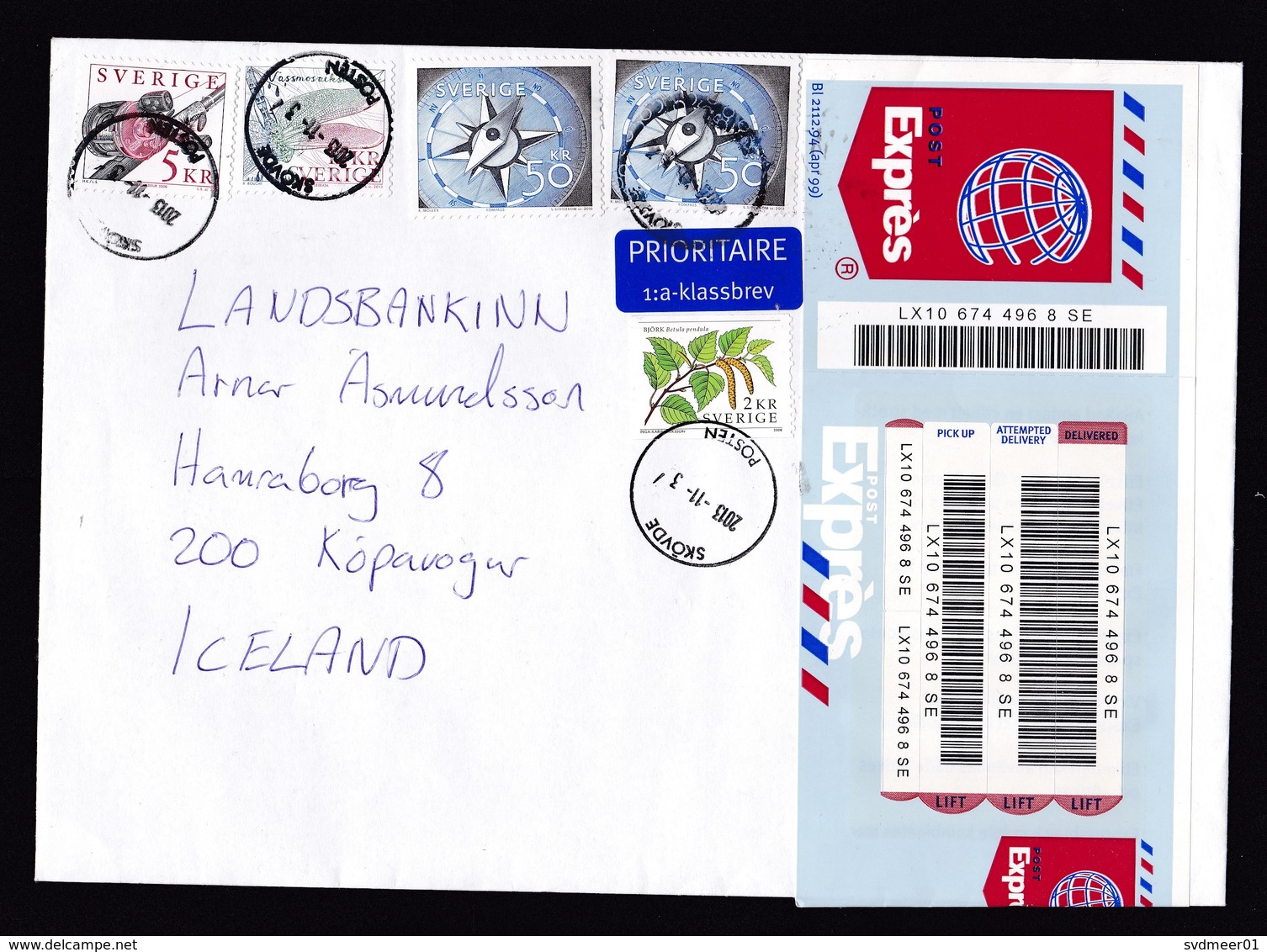 Sweden: Priority Express Cover To Iceland, 2013, 5 Stamps, Rare Large Post Expres Label, High Value (traces Of Use) - Covers & Documents