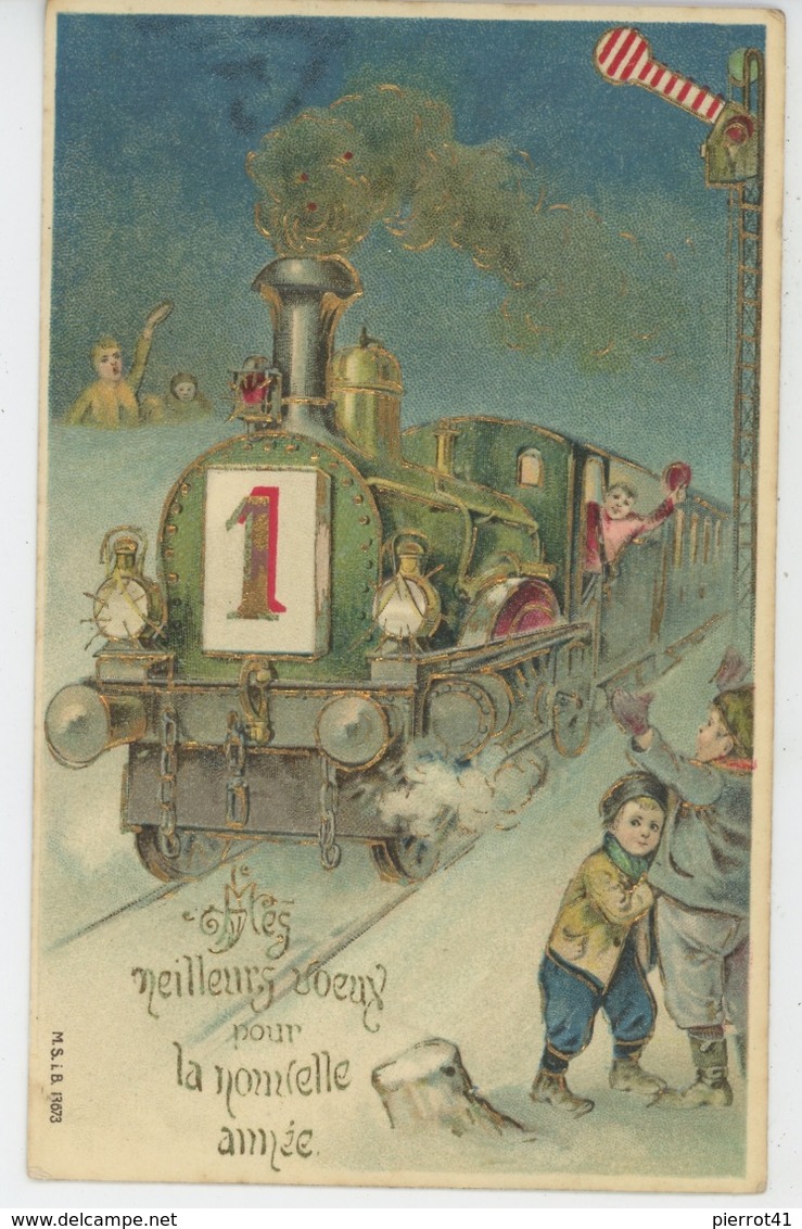 ENFANTS - Jolie Carte Fantaisie Gaufrée Avec Dorures Enfants Et Train De "Bonne Année" (embossed Postcard) - Neujahr