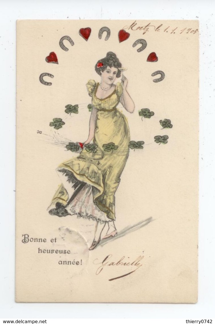 CPA 1905 ILLUSTRATEUR TYPE VIENNE KViB12 DESS 6 JEUNE FEMME ROMANTIQUE COEUR TREFLE FER BONNE ANNEE BE - Vienne