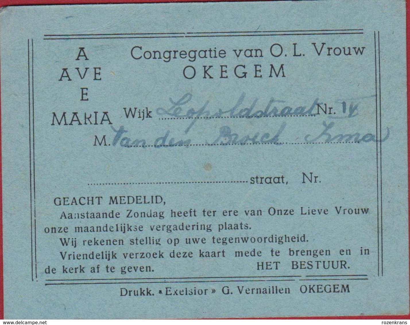 AVE MARIA 1950 Kaart Vergadering OLV Vrouw Congregatie Okegem - Tickets D'entrée