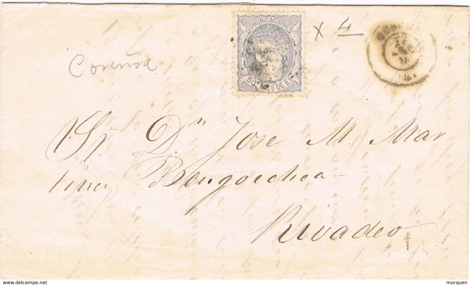 27823. Envuelta CORUÑA 1871, Alegoria A Rivadeo - Briefe U. Dokumente