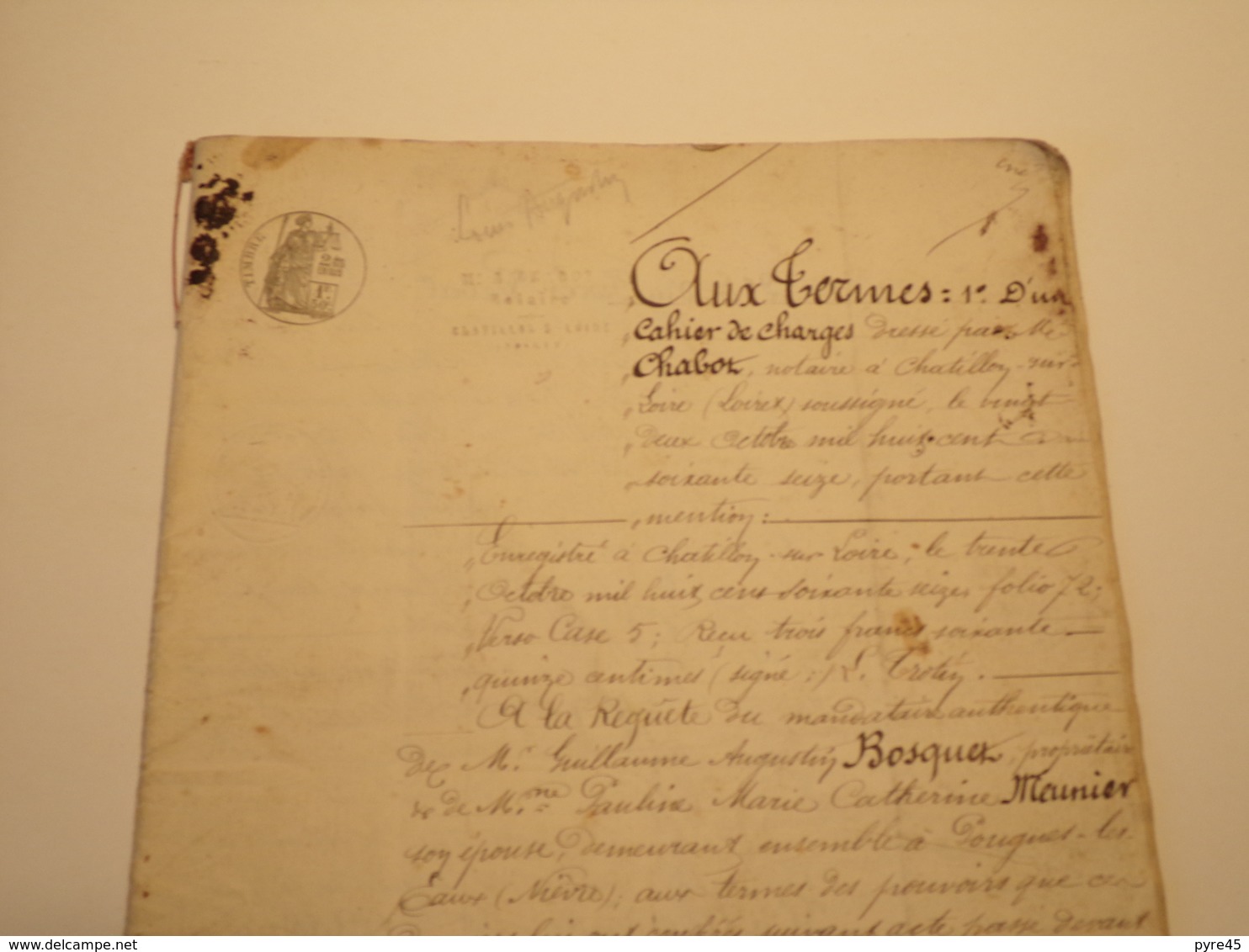 ACTE NOTARIE CAHIER DES CHARGES DU 22 OCTOBRE 1876 CHATILLON SUR LOIRE - Manuscrits