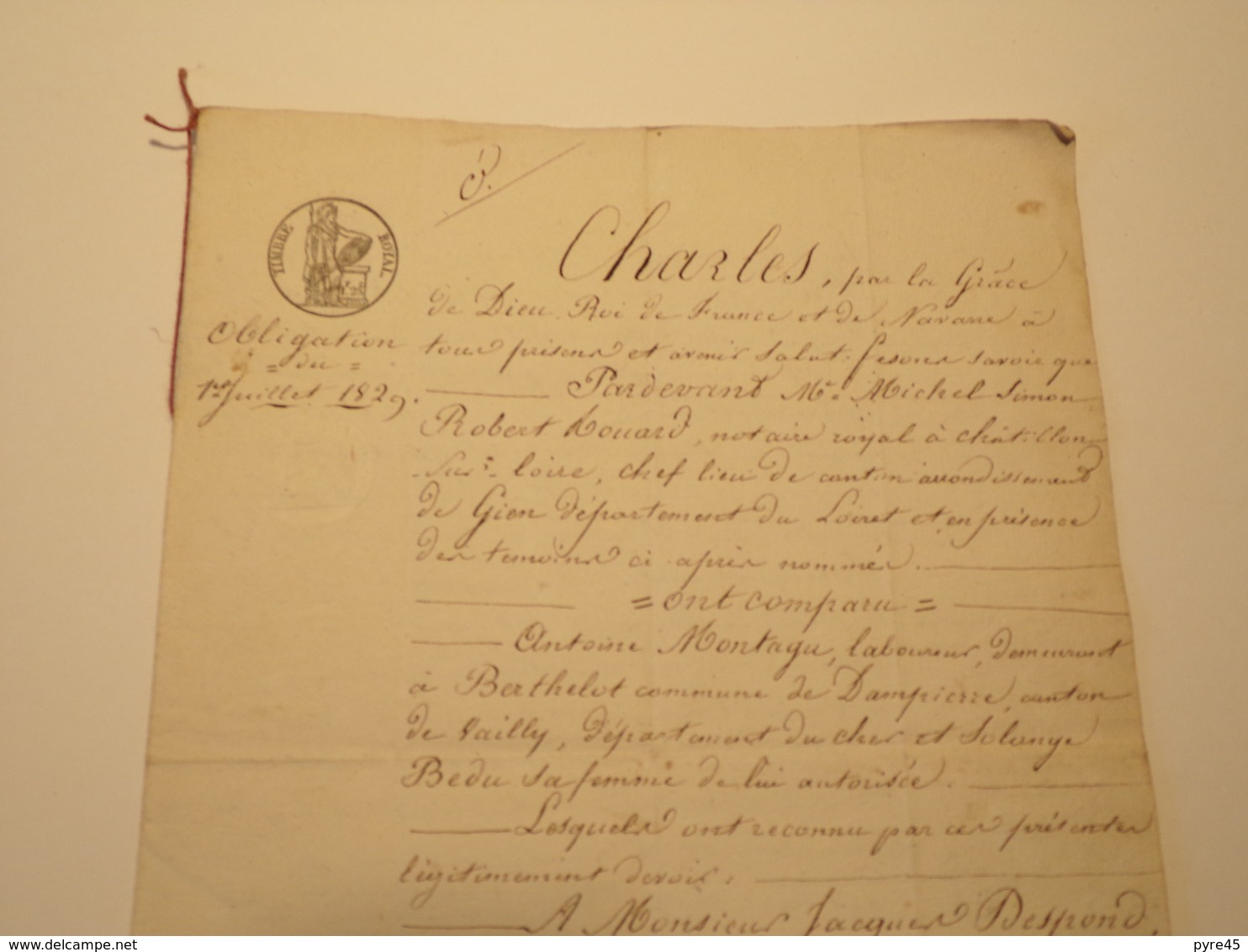 ACTE NOTARIE OBLIGATION DU 1 JUILLET 1829 A CHATILLON SUR LOIRE - Manuscrits