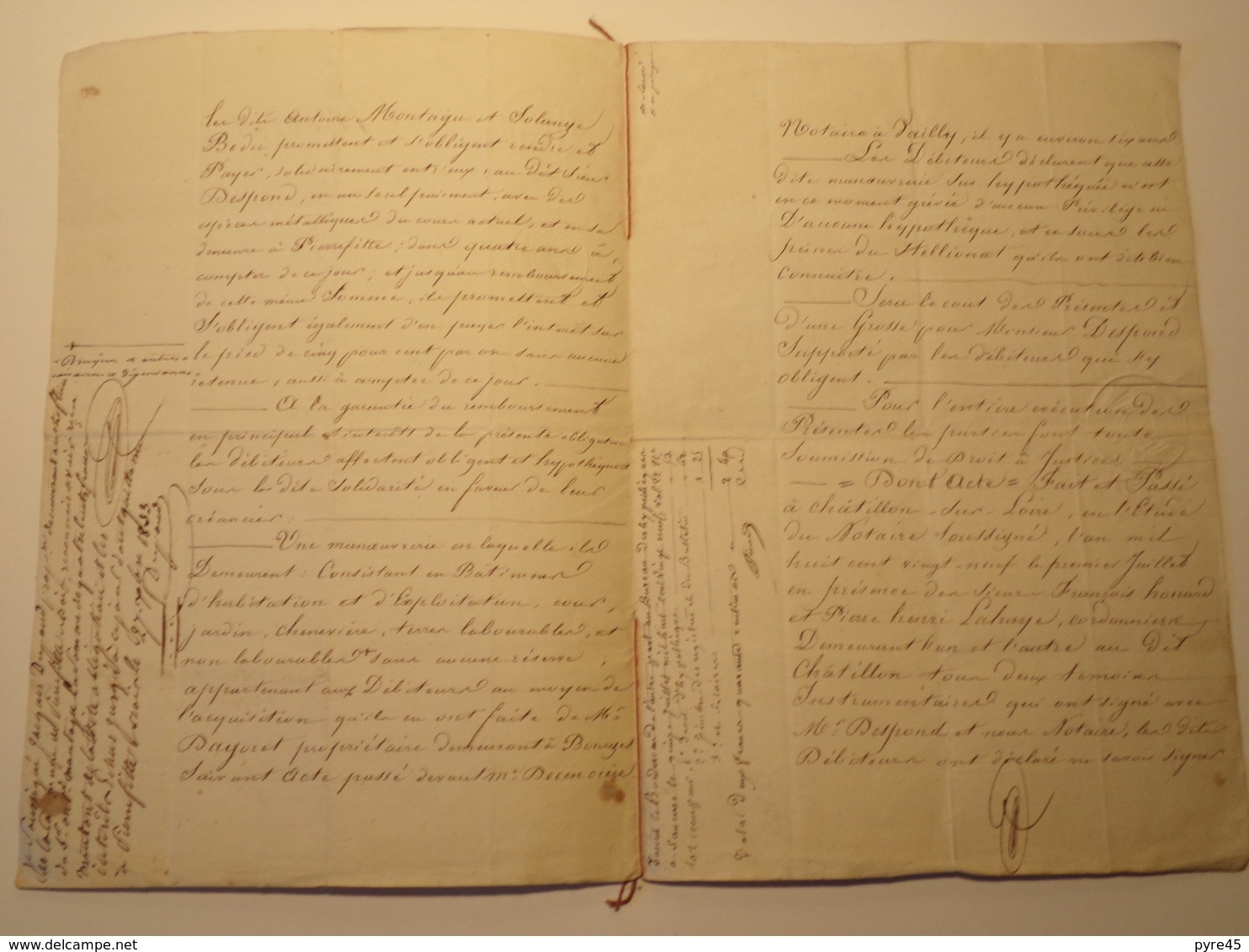 ACTE NOTARIE OBLIGATION DU 1 JUILLET 1829 A CHATILLON SUR LOIRE - Manuscrits