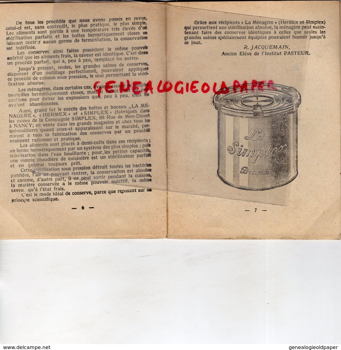 93- PLAINE SAINT DENIS- GUIDE FABRICATION CONSERVES CHEZ SOI-LA MENAGERE-BOITES BOCAUX TERRINES SIMPLEX-15 AV. PARIS- - Gastronomie