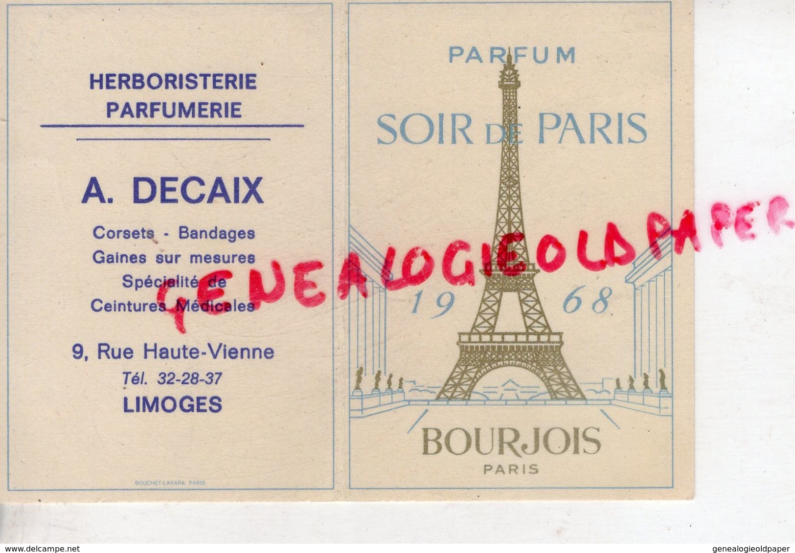 87- LIMOGES-BEAU PETIT CALENDRIER PARFUME PARFUM SOIR DE PARIS 1968 BOURJOIS-A. DECAIX 9 RUE HAUTE VIENNE-TOUR EIFFEL- - Drogerie & Parfümerie