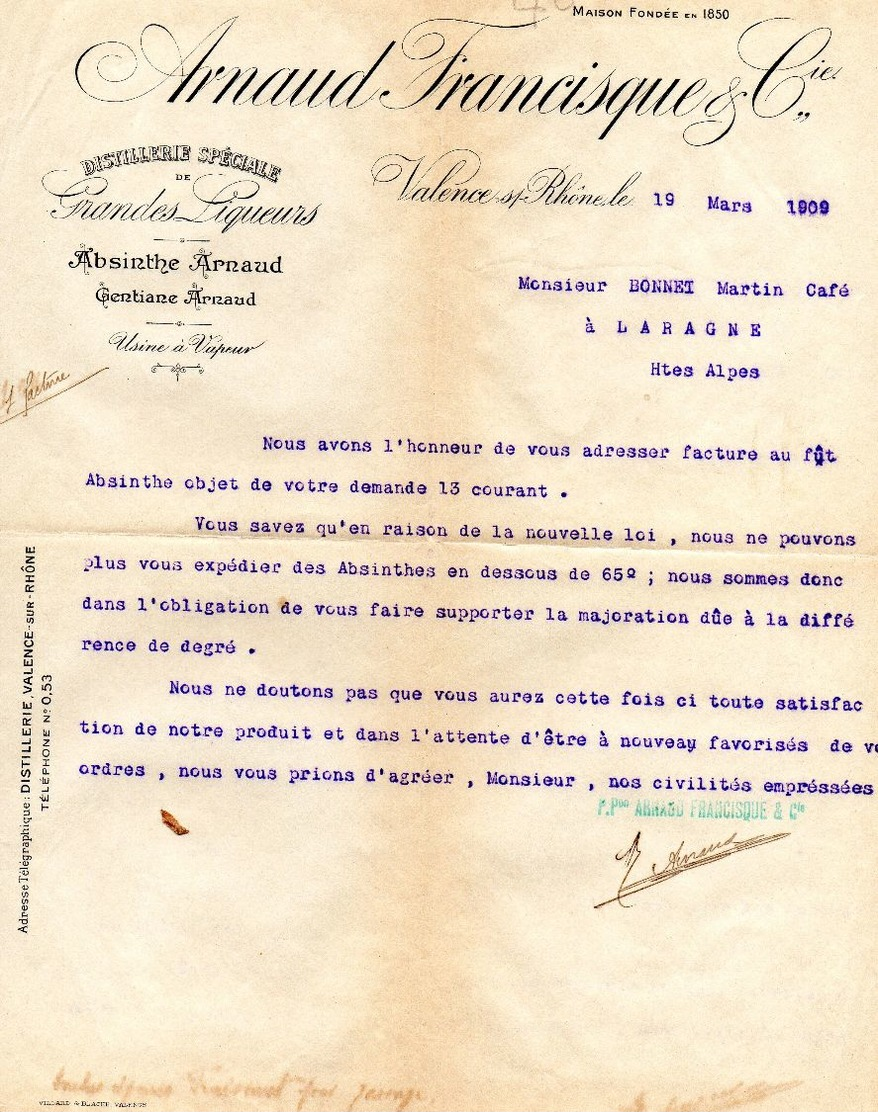 Facture     Distillerie Spéciale D'absinthe Gentiane Arnaud Francisque  A Valence 1090 - 1900 – 1949