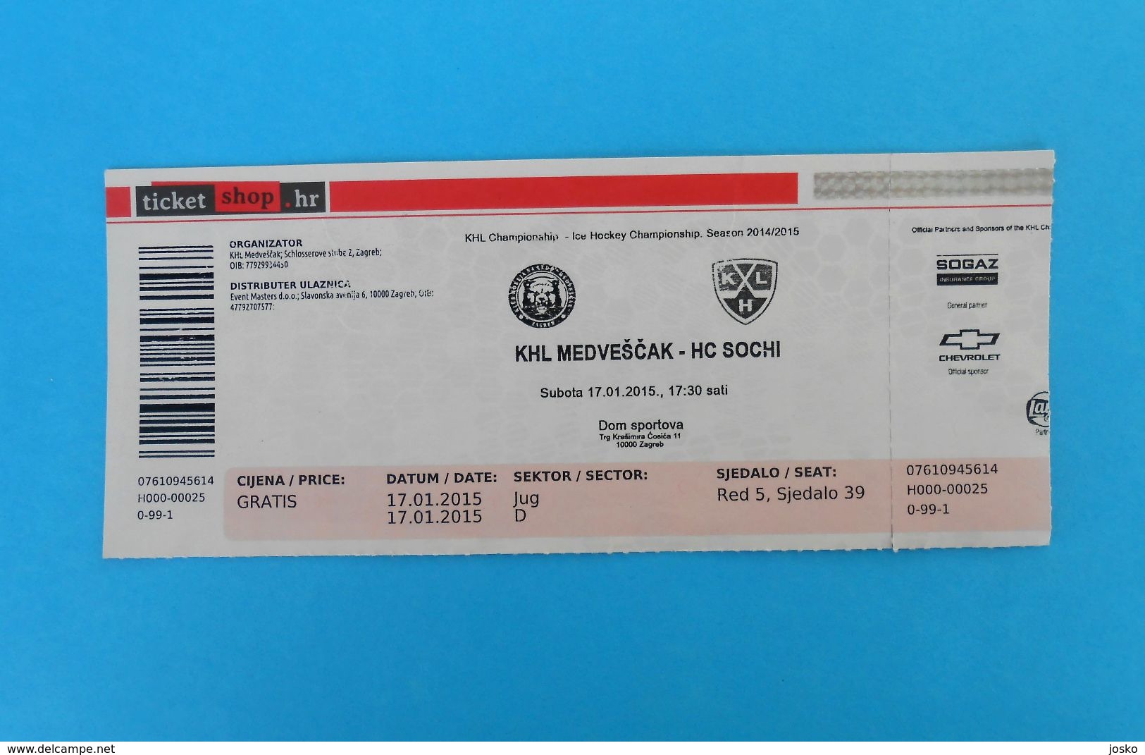 KHLMEDVESCAK : HC SOCHI Russia - 2015. KHL ICE HOCKEY LEAGUE Match Ticket Billet Eishockey Biglietto Billete - Match Tickets