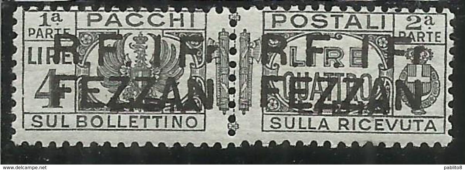 FEZZAN 1943 PACCHI POSTALI PARCEL POST LIBIA SOPRASTAMPATO SURCHERGED LIRE 4 MNH CERTIFICATO - Fezzan & Ghadames