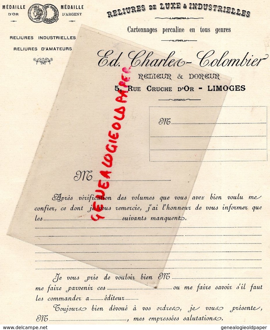 87- LIMOGES- RARE LETTRE ED. CHARLES COLOMBIER-RELIURES LUXE INDUSTRIELLES- RELIEUR DOREUR-5 RUE CRUCHE D' OR- - Printing & Stationeries