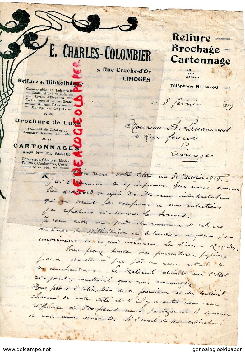 87- LIMOGES- RARE LETTRE 1919 ED. CHARLES COLOMBIER-RELIEUR DOREUR-5 RUE CRUCHE D' OR-A M. A LAUCOURNET 6 RUE FOURIE - Druck & Papierwaren