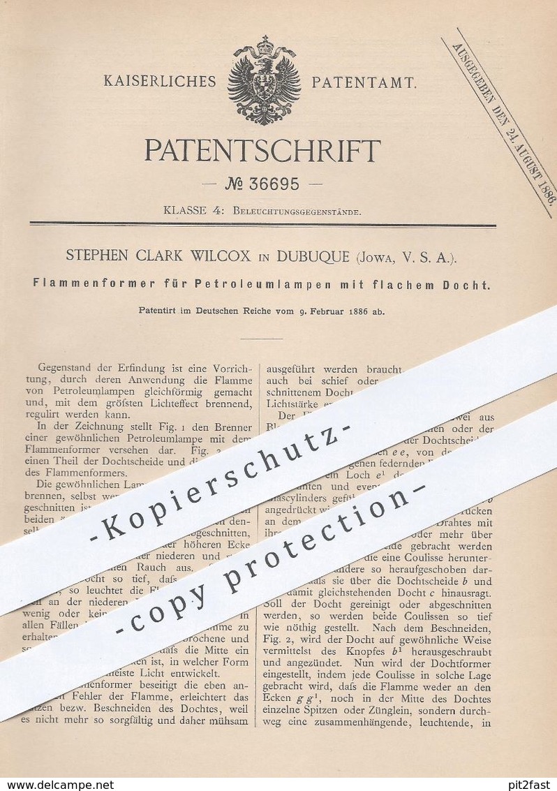 Original Patent - Stephen Clark Wilcox , Dubuque , Jowa , USA , 1886 , Flammenformer Für Petroleum - Lampen | Brenner !! - Historische Dokumente