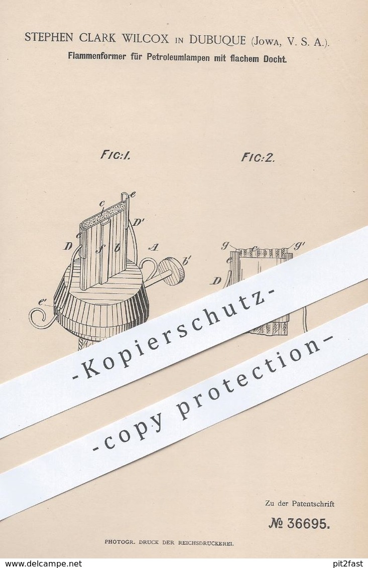 Original Patent - Stephen Clark Wilcox , Dubuque , Jowa , USA , 1886 , Flammenformer Für Petroleum - Lampen | Brenner !! - Historische Dokumente