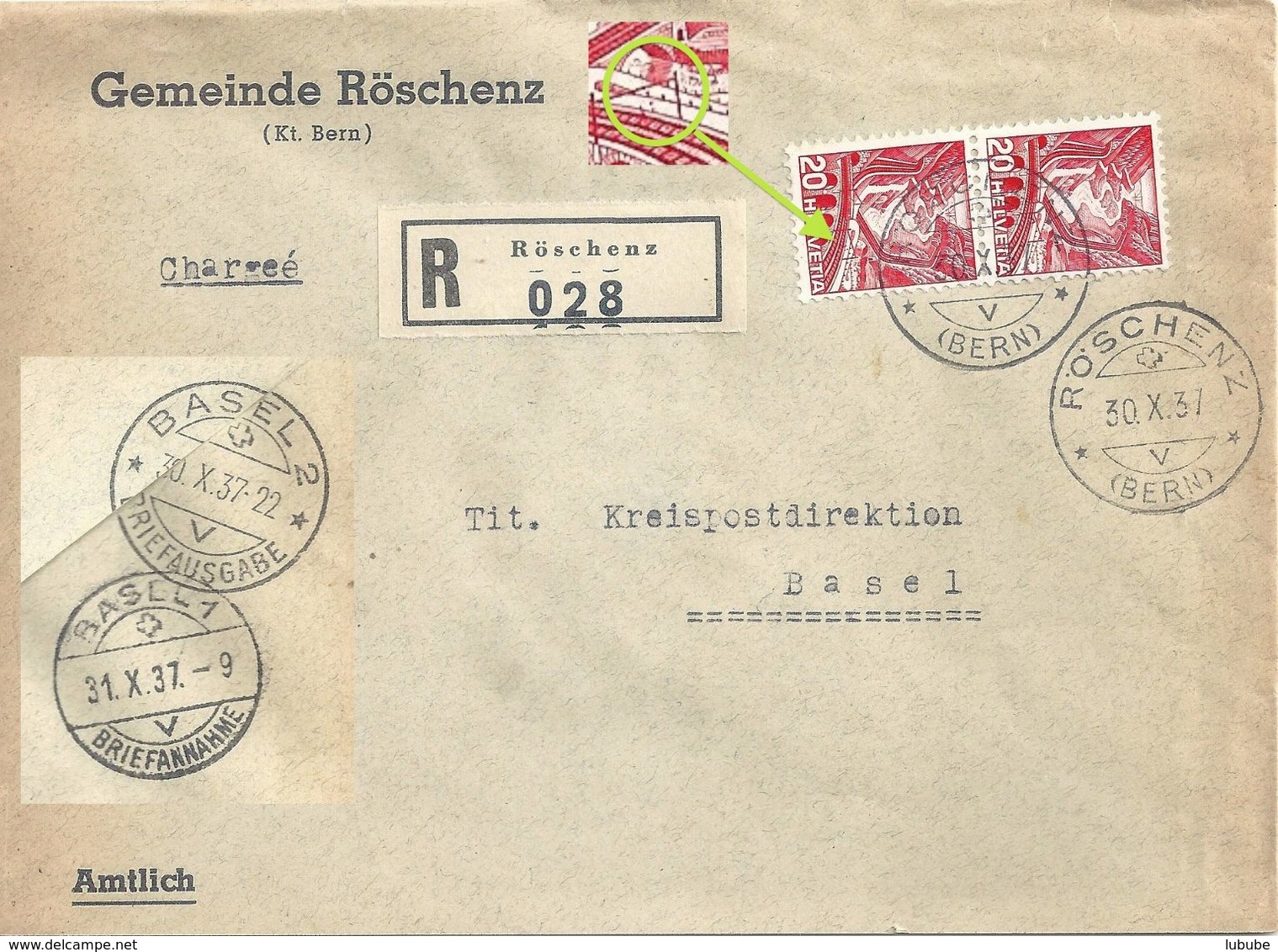 R Brief  "Gemeinde Röschenz" - Basel             1937 - Briefe U. Dokumente