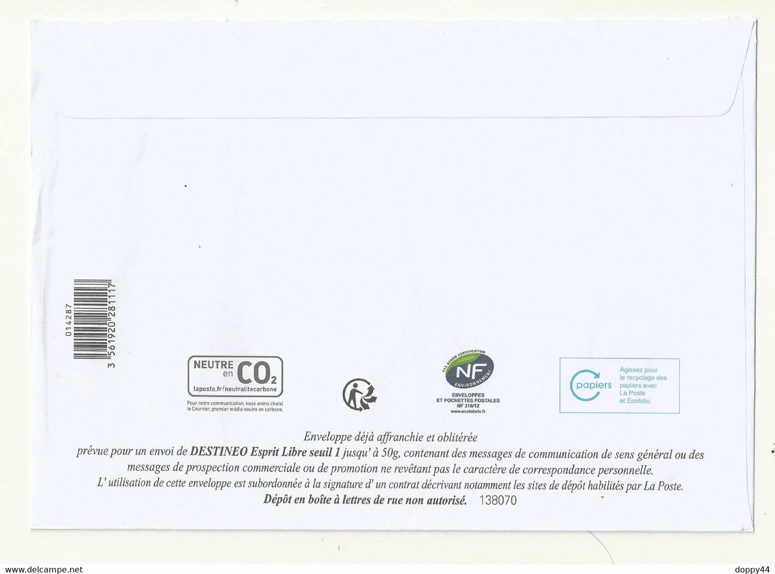 PAP DESTINEO PREO ESPRIT LIBRE SEUIL 1 50 GRAMMES  PRIMEVERE   LOT 138070 Enveloppe Grand Format 23cm X 16.2 Cm - Pseudo-entiers Officiels