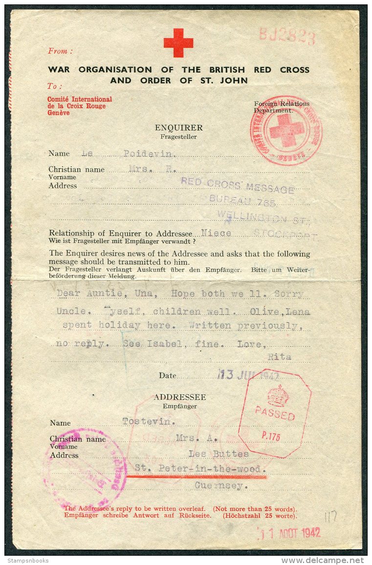 1942 Guernsey 5 X Red Cross Message Forms. Le Poidevin Family Correspondence - Guernsey