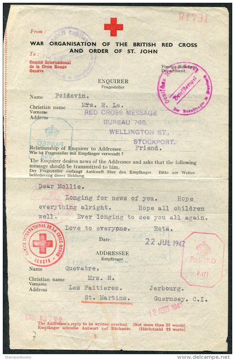 1942 Guernsey 5 X Red Cross Message Forms. Le Poidevin Family Correspondence - Guernsey