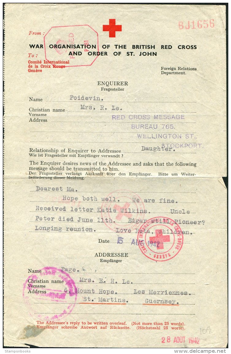 1942 Guernsey 5 x Red Cross Message Forms. Le Poidevin family Correspondence