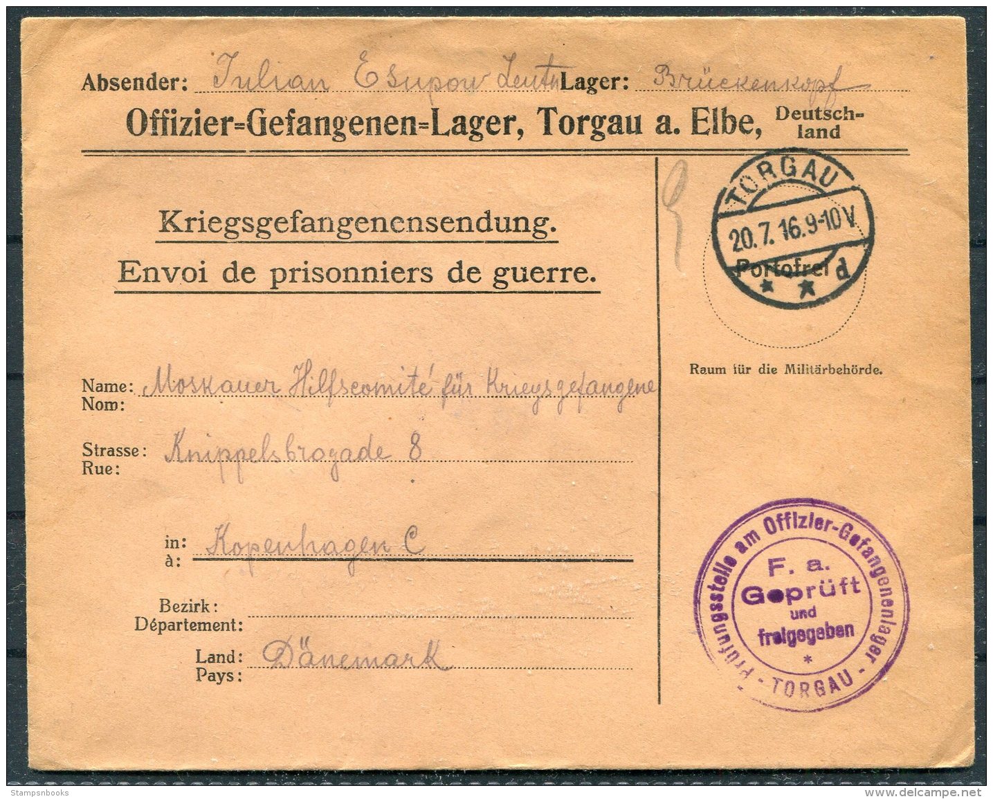 1916 Germany POW Kriegsgefangenen Censor Cover - Copenhagen. Torgau - Briefe U. Dokumente