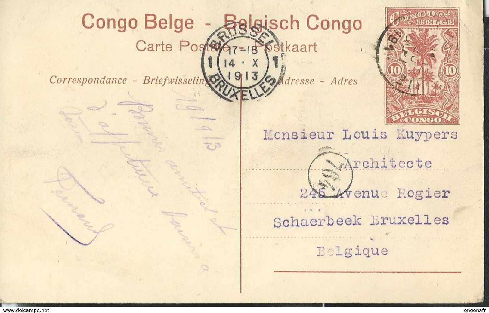 Carte N° 43. Vue: 7. Katanga.  Toa : Lac Tanganika; Obl. 19/09/1913  Pour Bxl - Stamped Stationery