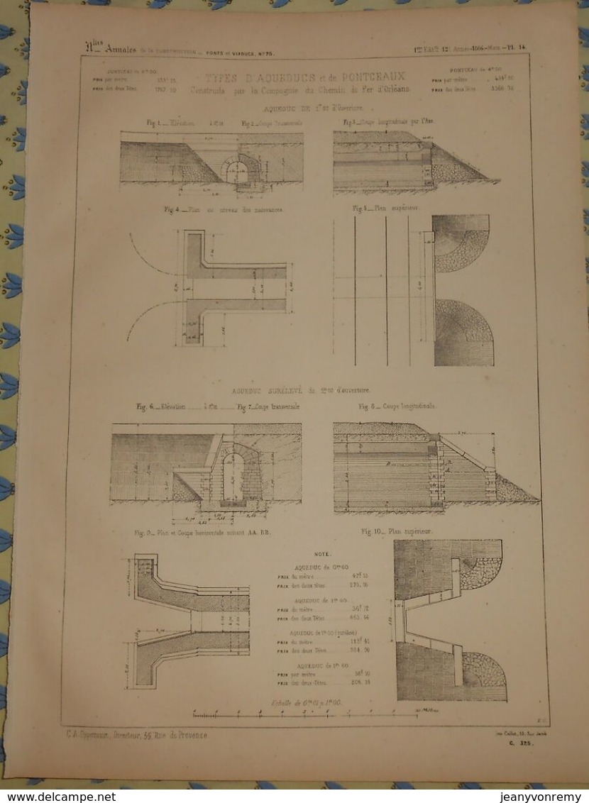 Plan De Types D'Aqueducs Et De Pontceaux Construits Par La Compagnie Du Chemin De Fer D'Orléans. 1866 - Public Works