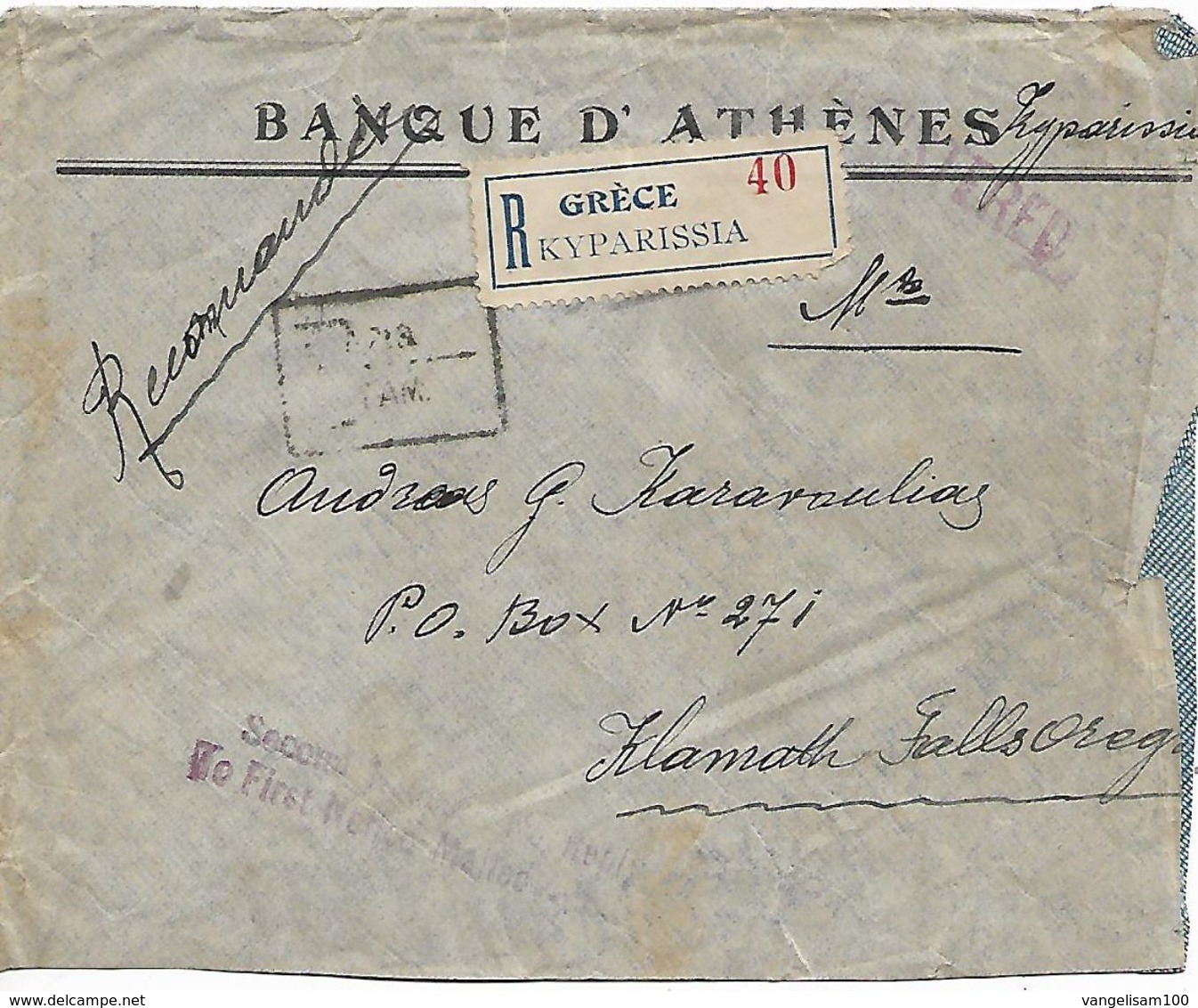 GREECE 1923 Registered Cover From Kyparissia To Klamath Falls Oregon 7 Stamps COVER USED - Brieven En Documenten