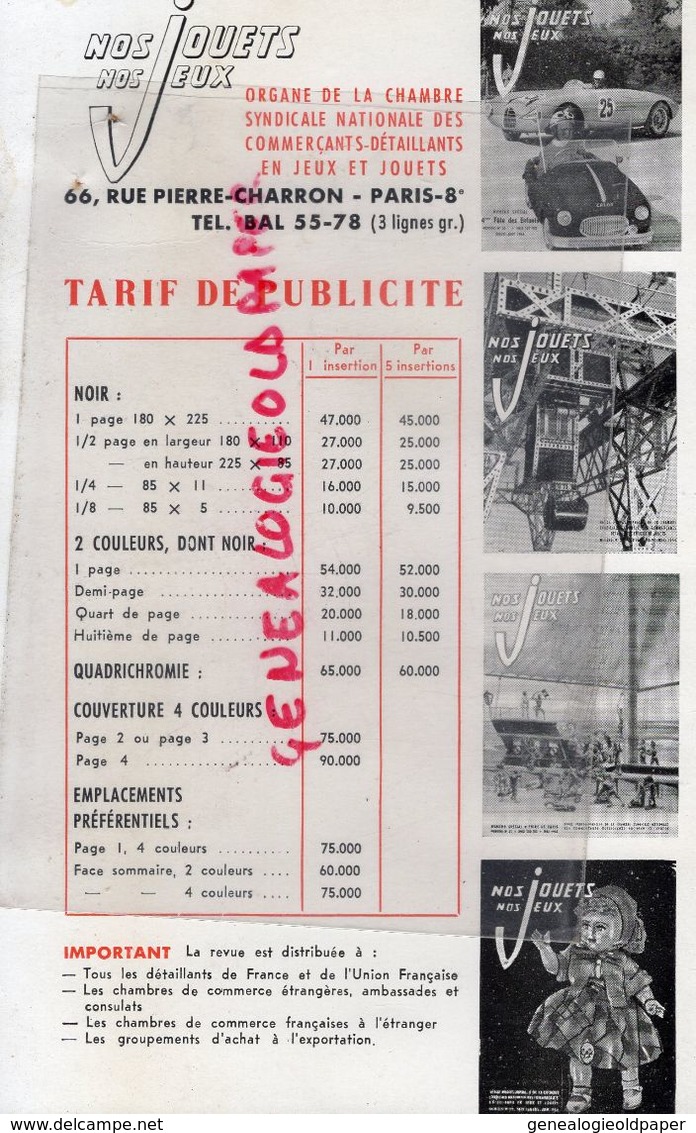 75- PARIS- RARE PUBLICITE TARIFS PUBLICITE NOS JOUETS NOS JEUX- 66 RUE PIERRE CHARRON- 1951-1954- JOUET - Werbung