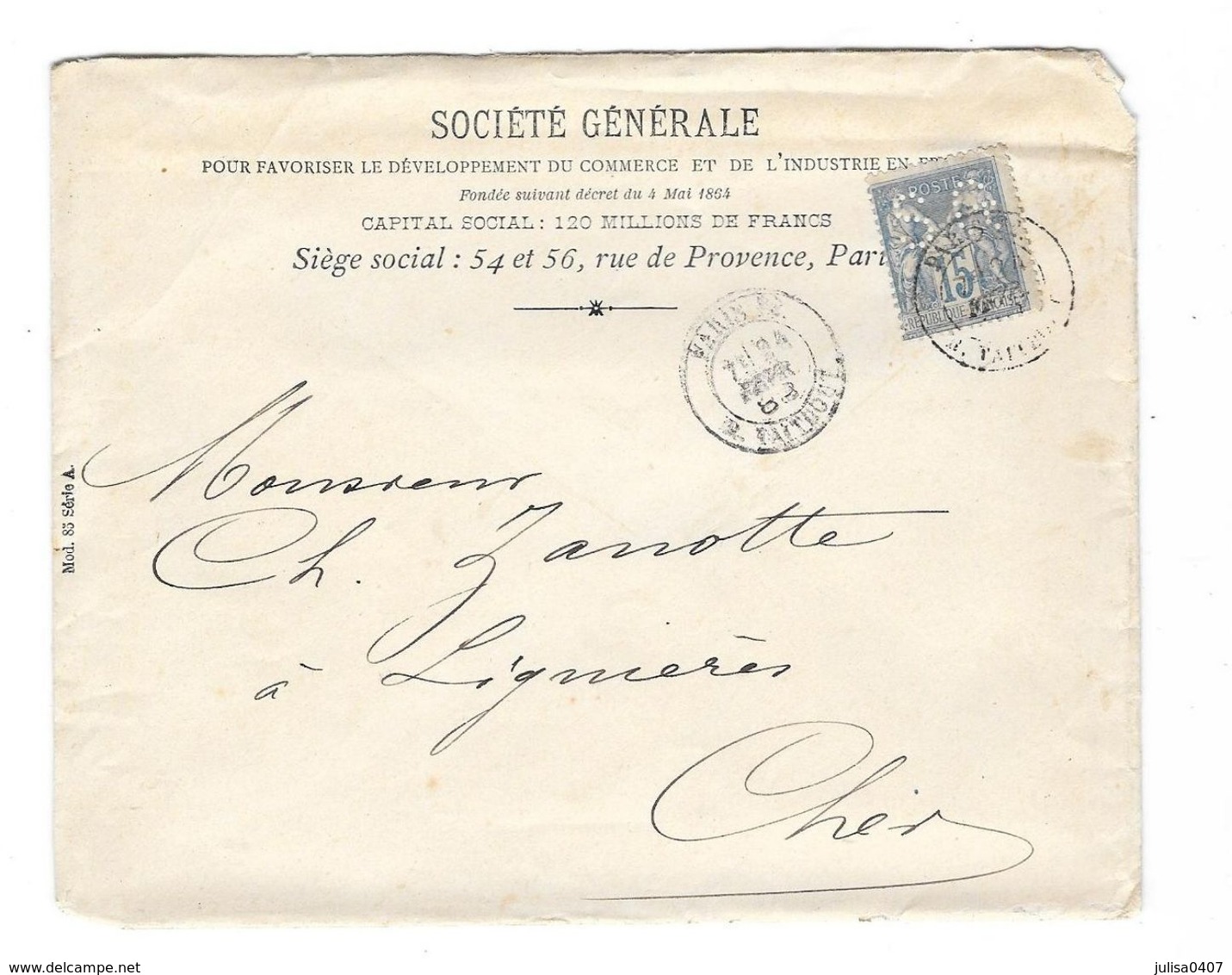 15c Bleu Type Sage Perforation SG Sur Enveloppe 1888 - Autres & Non Classés