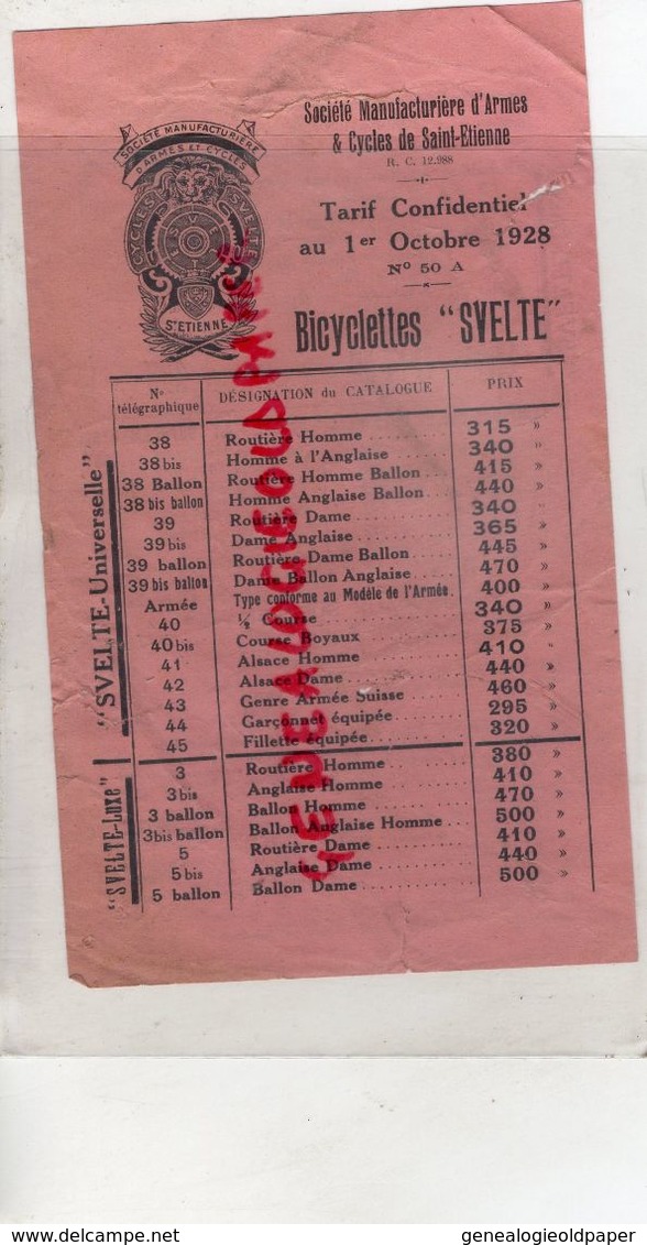 42-ST  SAINT ETIENNE- RARE TARIF CONFIDENTIEL 1928- CYCLES SVELTE-STE MANUFACTURIERE ARMES -VELO CYCLISME - Transports