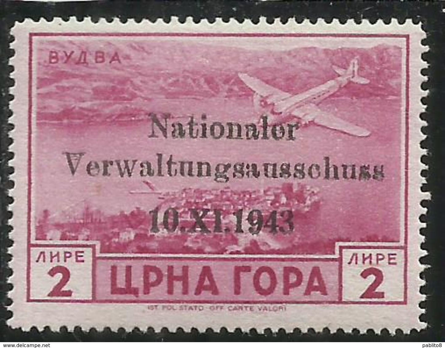 MONTENEGRO TEDESCA  CETTIGNE 1943 SERTO DELLA MONTAGNA SOPRASTAMPATO POSTA AEREA AIR MAIL 2 LIRE MNH FIRMATO SIGNED - Occup. Tedesca: Montenegro