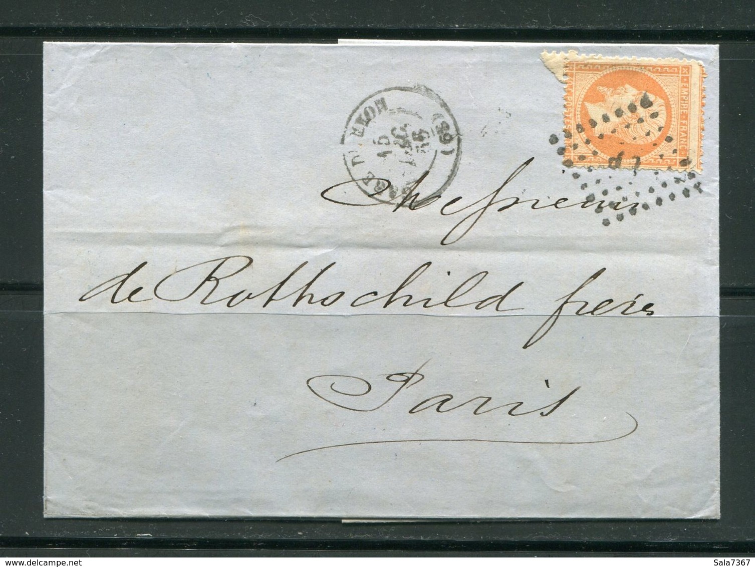 Lettre Du 15 Décembre 1866 De Gare De LYON 68- Ambulant L P- Timbre Y&T N°23 (De Rothschild Frères) - 1862 Napoléon III.