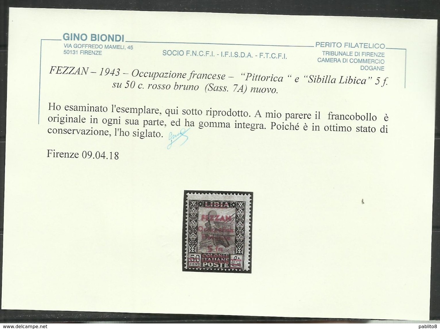 FEZZAN LIBYA 1943 PITTORICA DI LIBIA SOPRASTAMPA ROSSO BRUNO SURCHARGE  SURCHERGE 5f SU CENT. 50c MNH CERTIFICATO - Fezzan & Ghadames