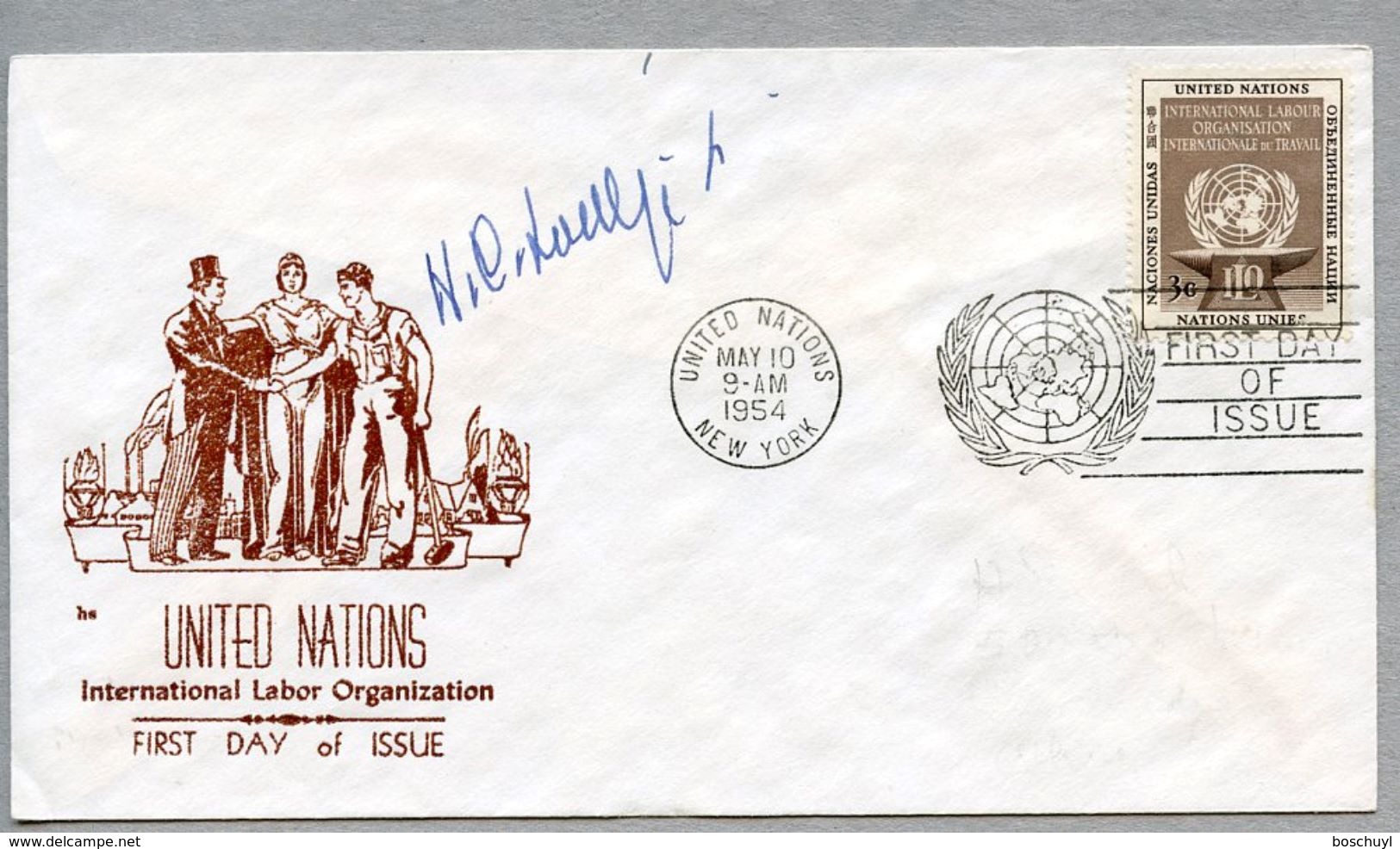 United Nations New York, 1954, ILO FDC Autographed By Henry Cabot Lodge Jr, US Delegate To The UN - Autres & Non Classés