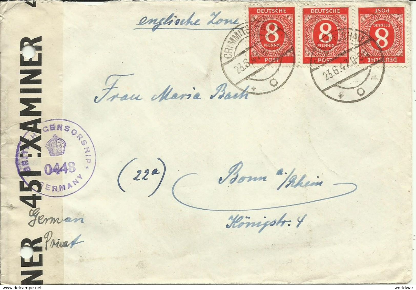 1947 Zensurbrief Von Crimmitschau Nach Bonn - Sonstige & Ohne Zuordnung