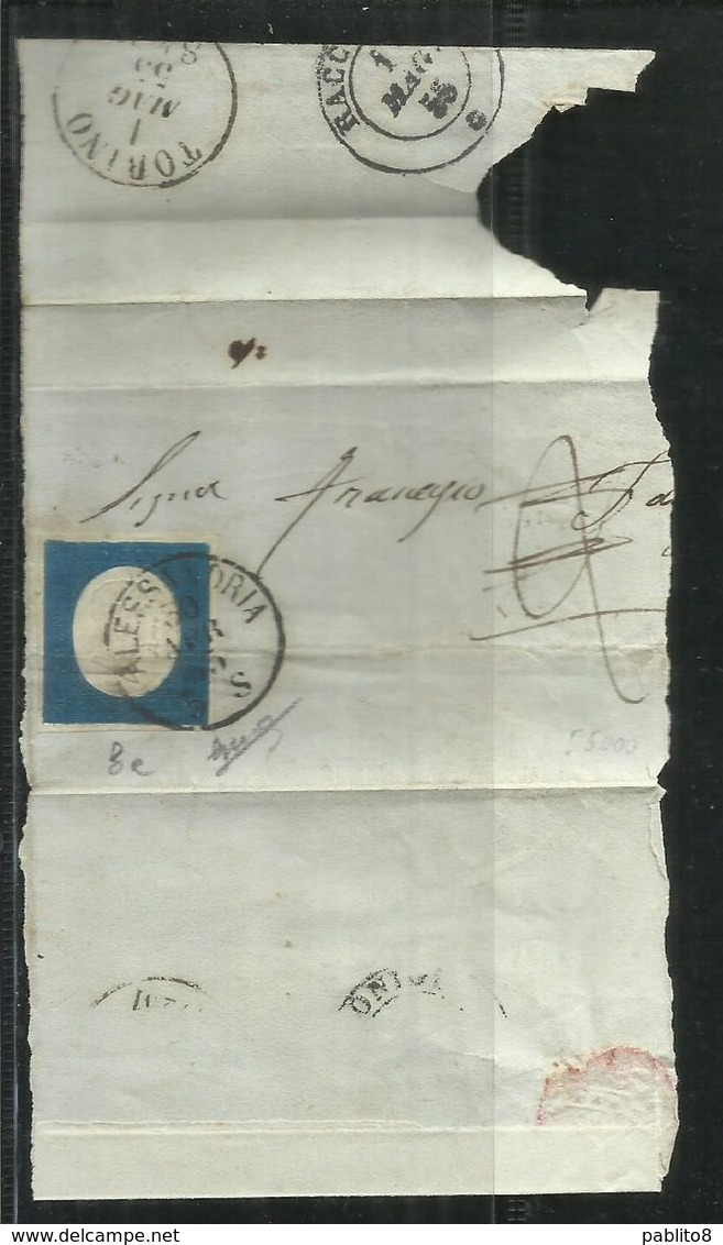 SARDEGNA 1854 EFFIGIE DI VITTORIO EMANUELE II CENT. 20c INDACO ANNULLATO SU GRANDE FRAMMENTO USED OBLITERE' FIRMATO - Sardegna