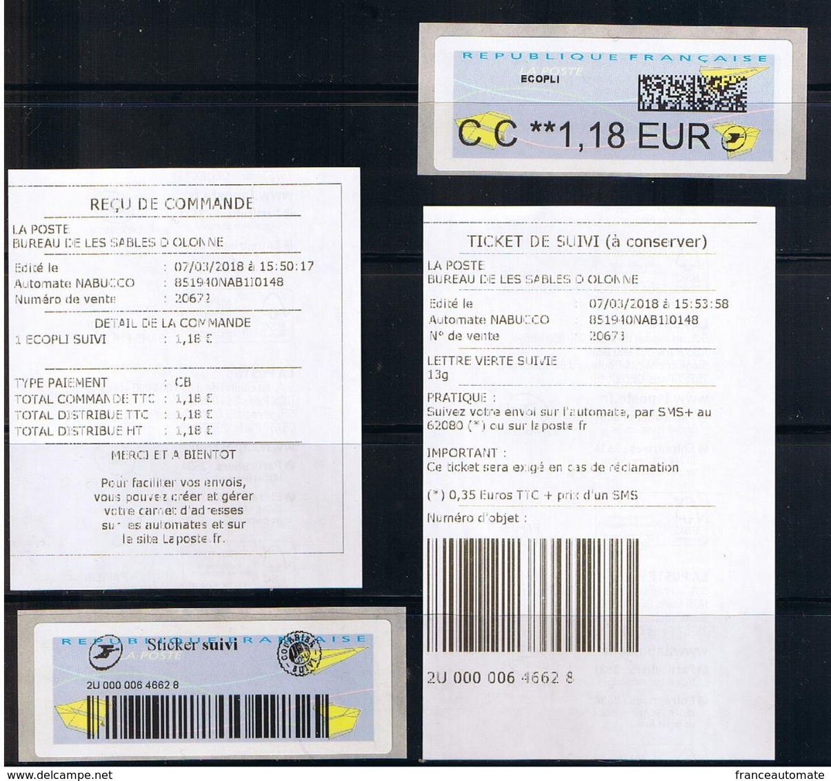 2 ATMs,NABUCCO, ECOPLI SUIVI, CC 1.18€, AVEC LE RECU MODIFIE, LA MENTION "STICKER  SUIVI" ET LA PREUVE DE DEPOT, - 2010-... Illustrated Franking Labels