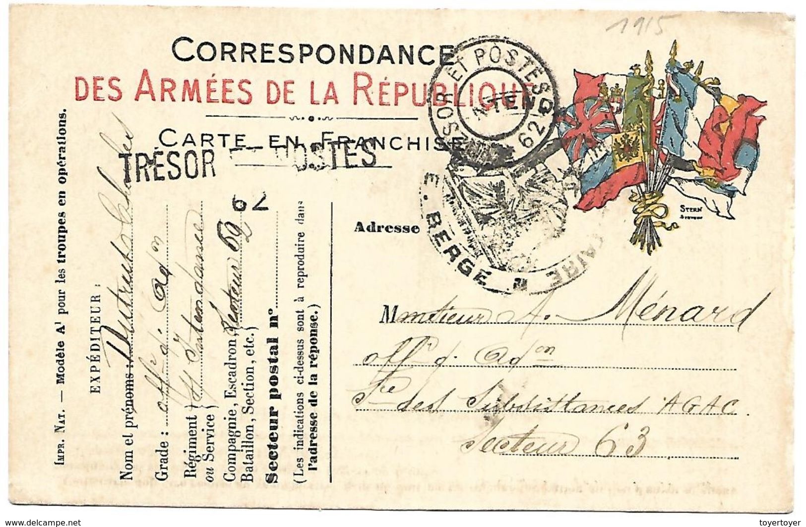 CM 74  Correspondance Militaire Du 10-09-15 Cachet Trésor Et Postes Double Cercle N°(SP)62 Commandement D'Etapes - Guerre De 1914-18