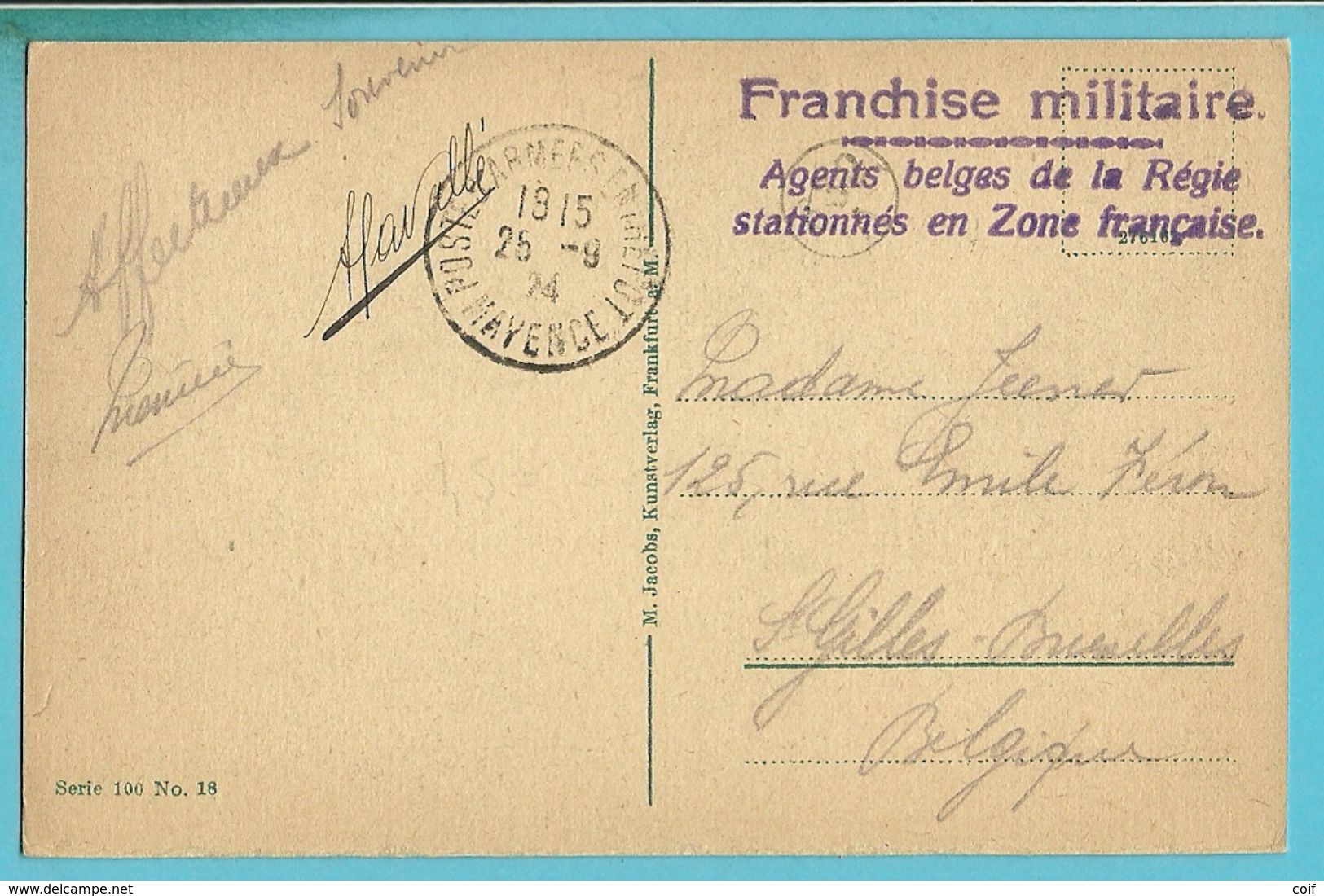 Kaart "Postes...Mayence 1924 "met Violette "Franchise Militaire Agents Belges De La Régie Stationnés En Zone Française" - OC38/54 Occupation Belge En Allemagne