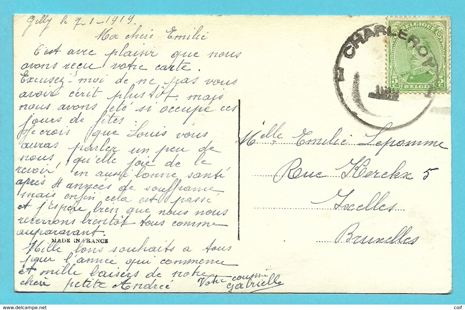 137 Op Kaart Met DUPLEX-stempel CHARLEROY 1 (noodstempel) - Fortune (1919)