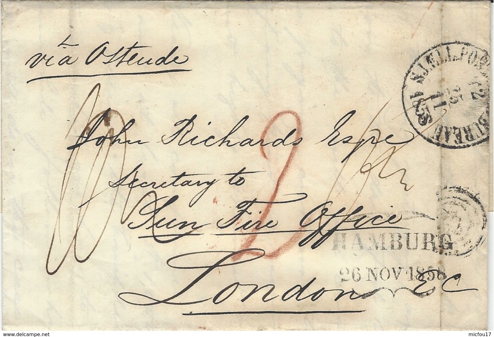 1858- Letter From Copenhagen To London - Several Rating - " Via Ostende " - Briefe U. Dokumente