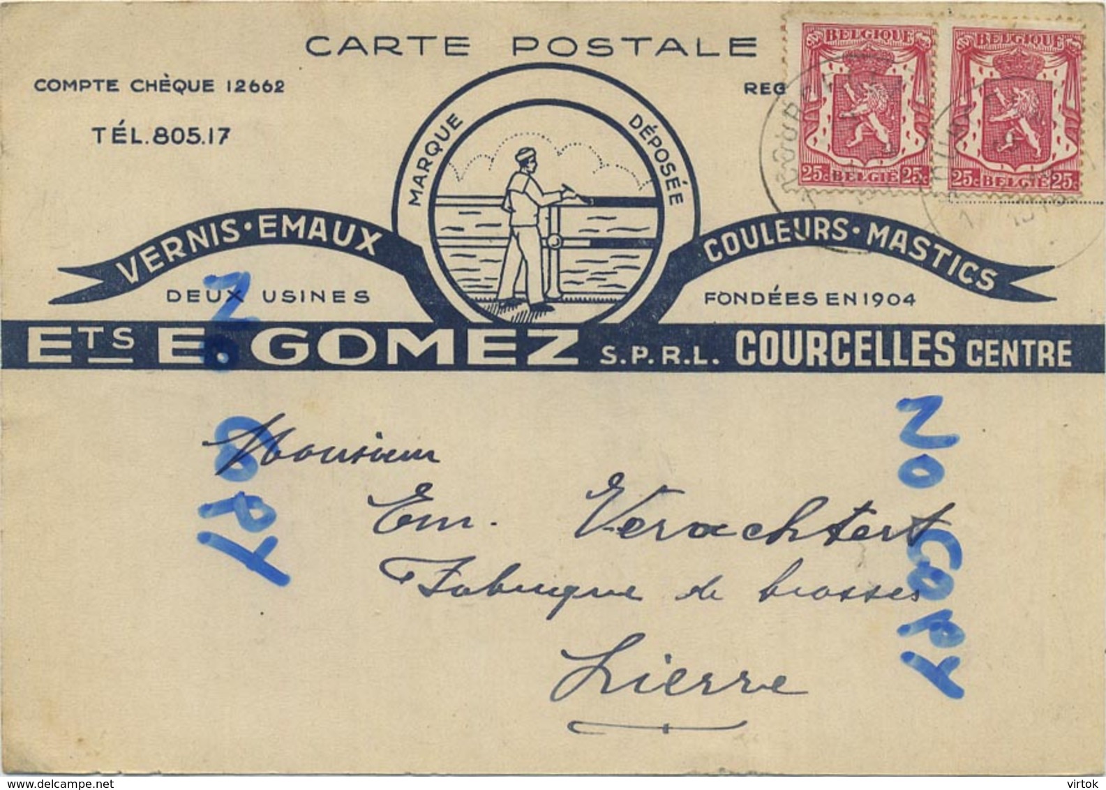 Courcelles : Ets. E. Gomez : Vernis-emaux-couleurs-mastics     ( Carte Reclame ) - Courcelles