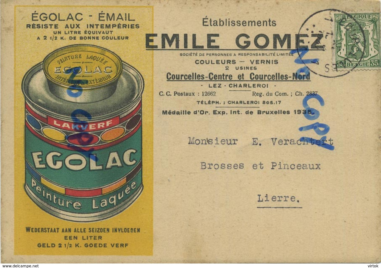 Courcelles : Emile Gomez : Couleurs - Vernis ( Carte Reclame 1937 )    Lier :  Brosses Et Pinceaux - Courcelles