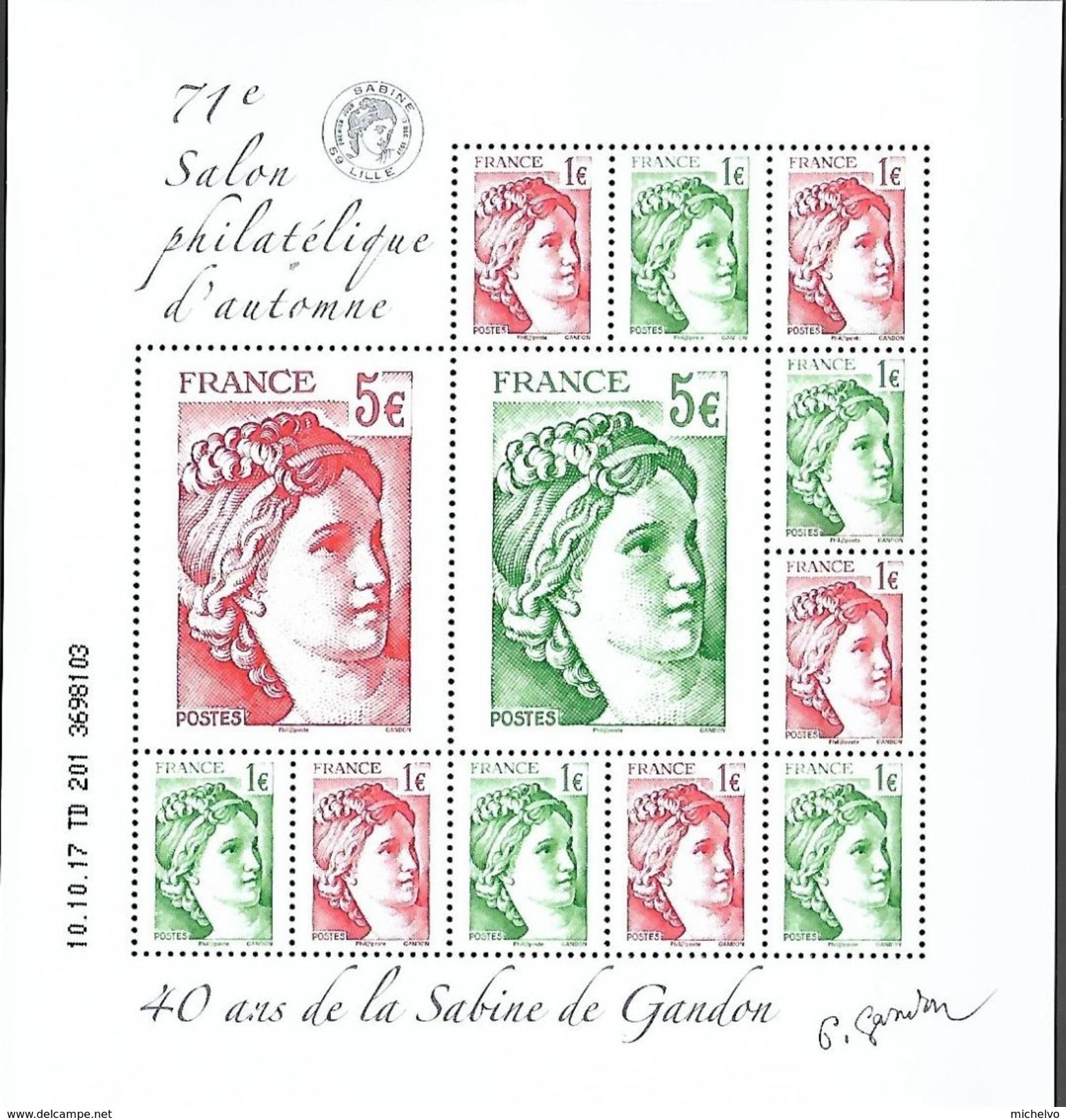 France 2017 - Bloc- Feuillet  "40 Ans De La Sabine De Gandon"  ** (daté 10.10.17) - Unused Stamps