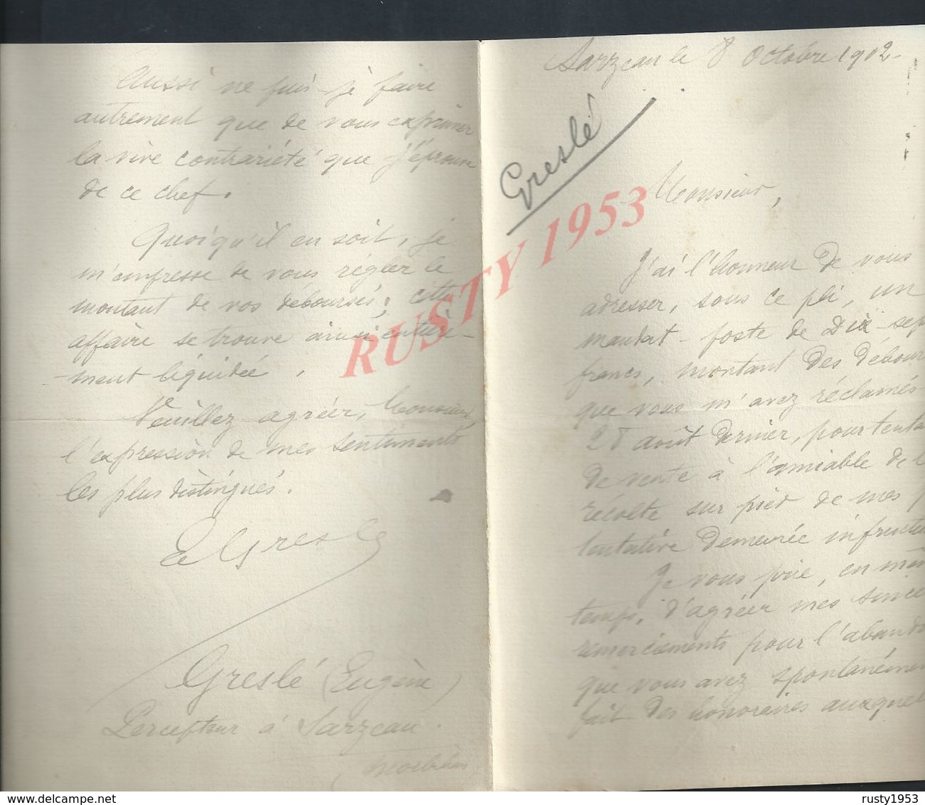 LETTRE DE GRESLE EUGÉNÉ ECRITE DE SARZEAU 1902 : - Manuscrits
