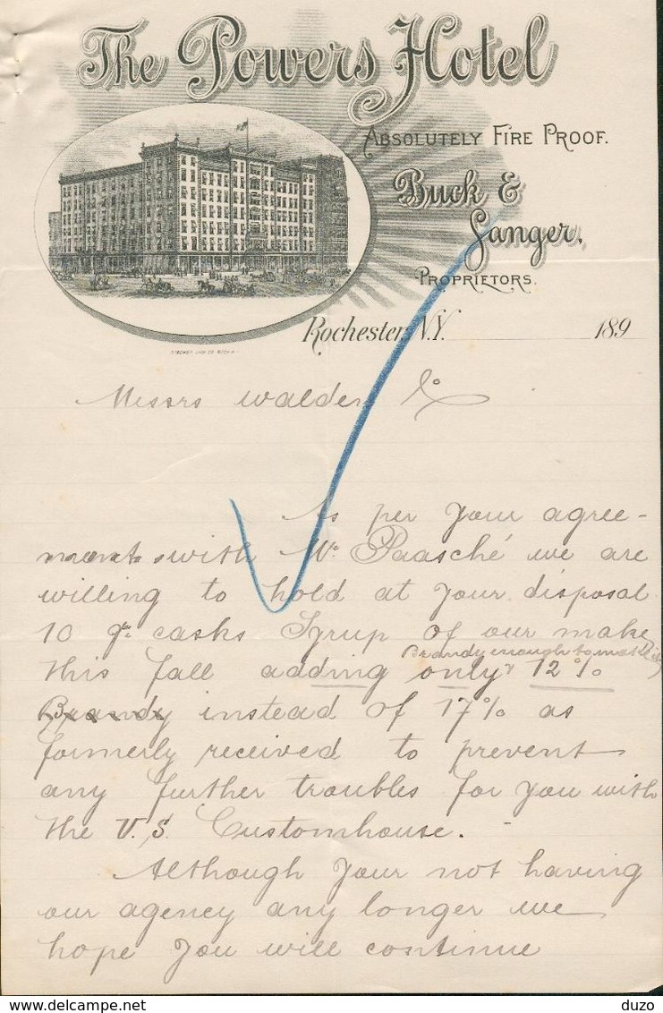 Rochester état De New York - Entête 189? -  The Powers Hôtel - Absolutely Fire Proof - Buck & Ganger. Propriétors. - USA