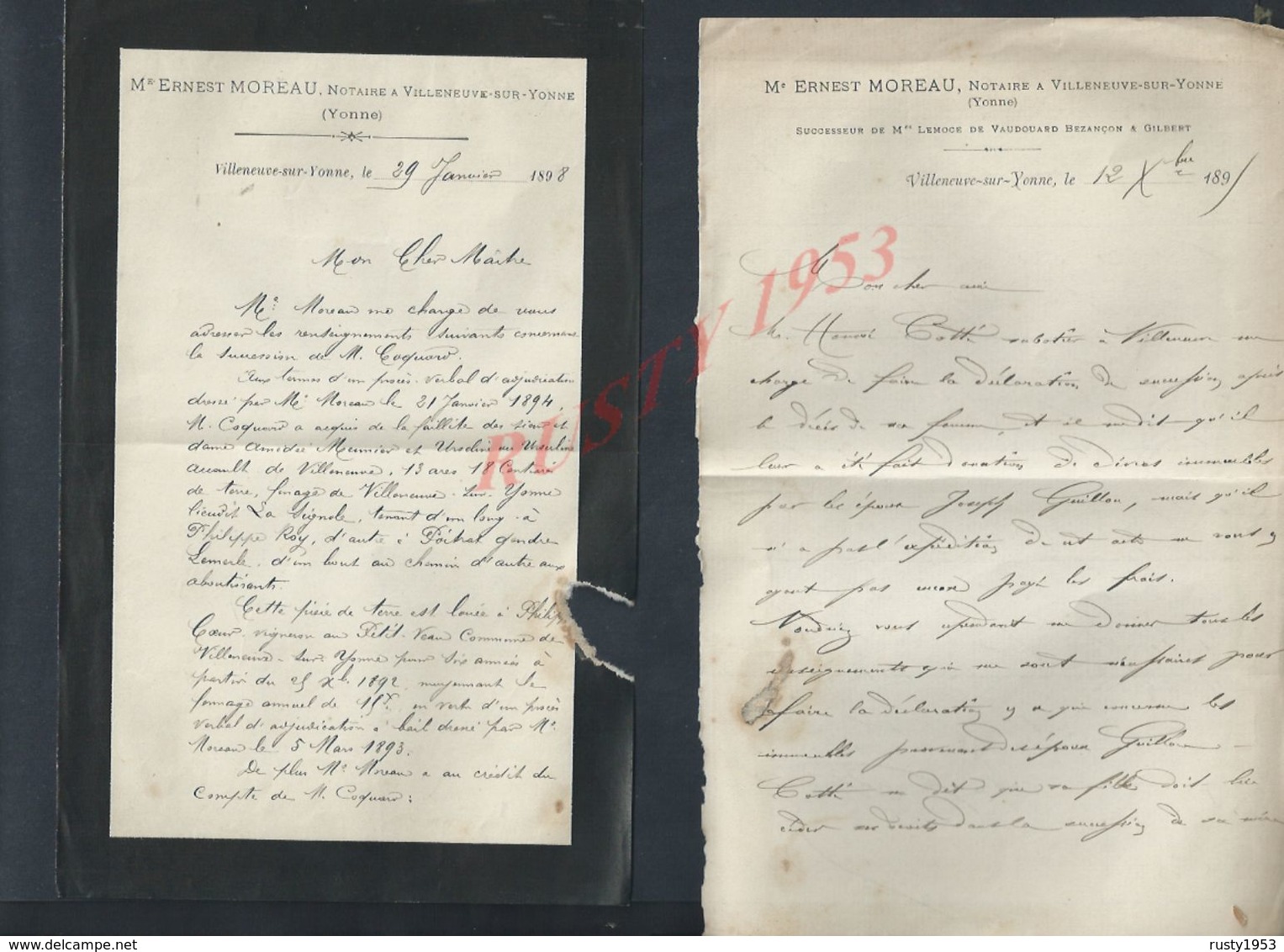 LETTRES ERNEST MOREAU NOTAIRE À VILLENEUVE SUR YONNE 1898 ECT : - Manuscrits