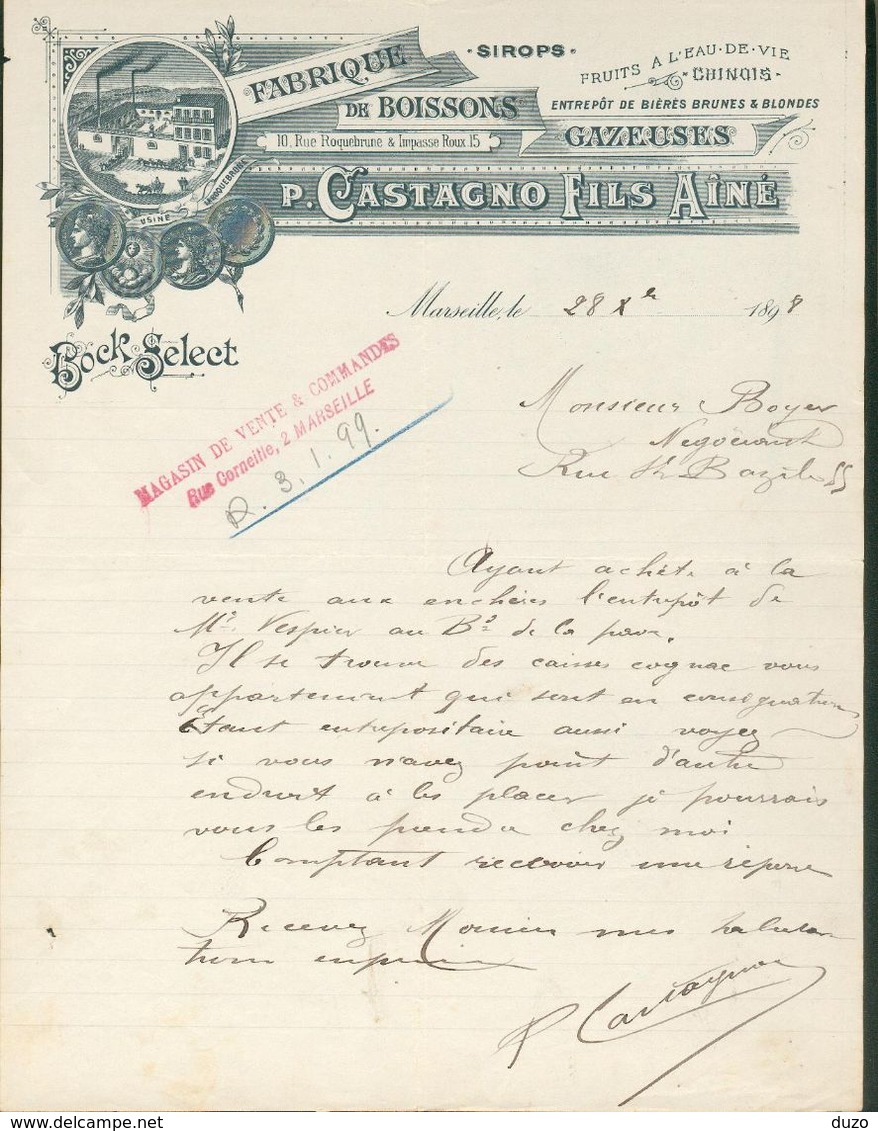 13 Marseille - Entête 1899 - Fabrique De Boissons Gazeuses  P.Castagno Fils Ainé. Sirops,entrepôt De Bières. - Invoices